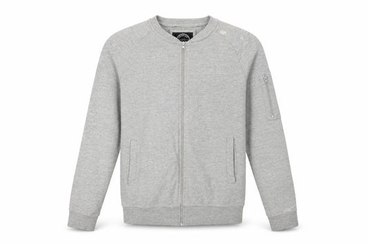 Front view of Genetic Apparel men’s grey full zip sweatshirt, size L