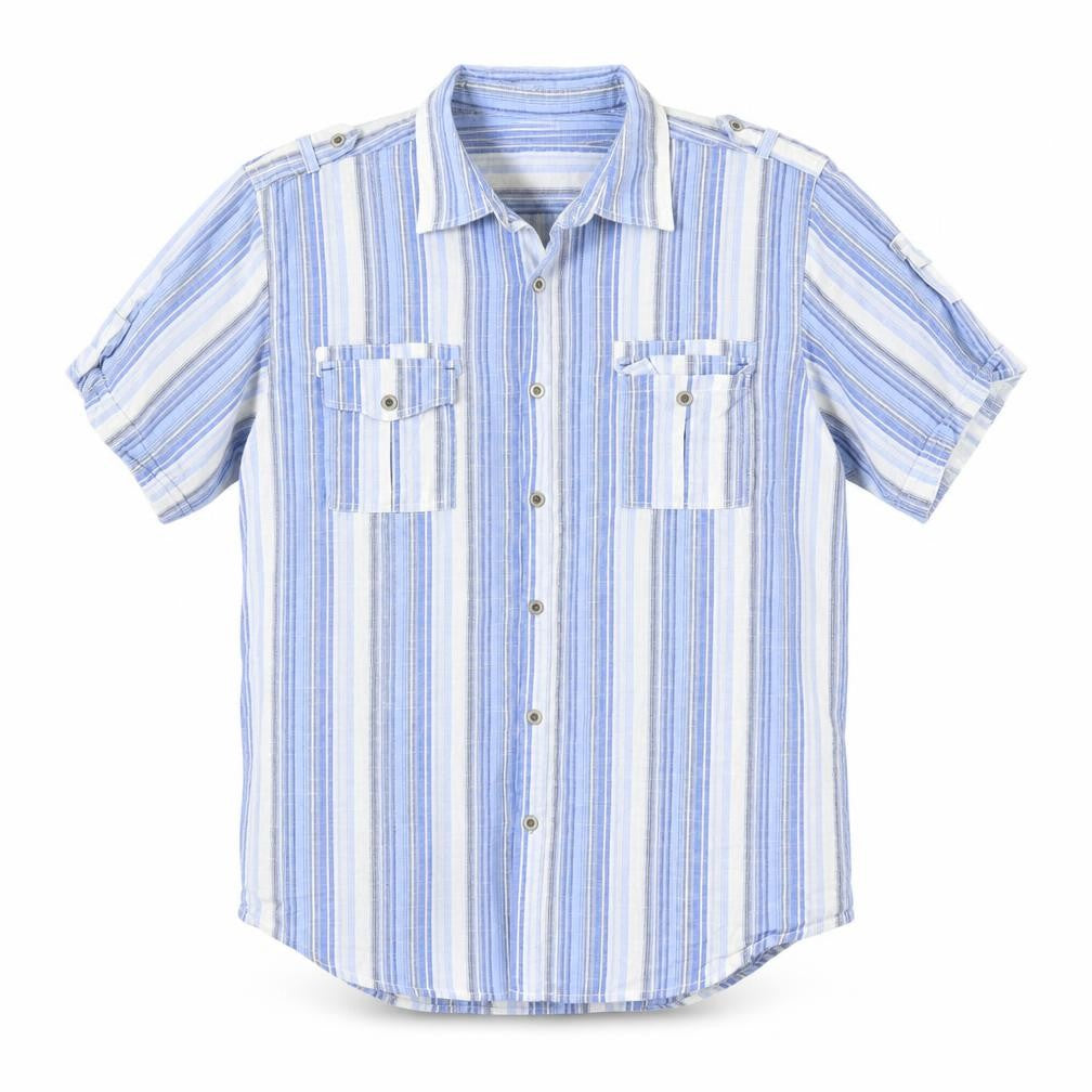 Front view of Lee Cooper men’s blue striped button-up, size L