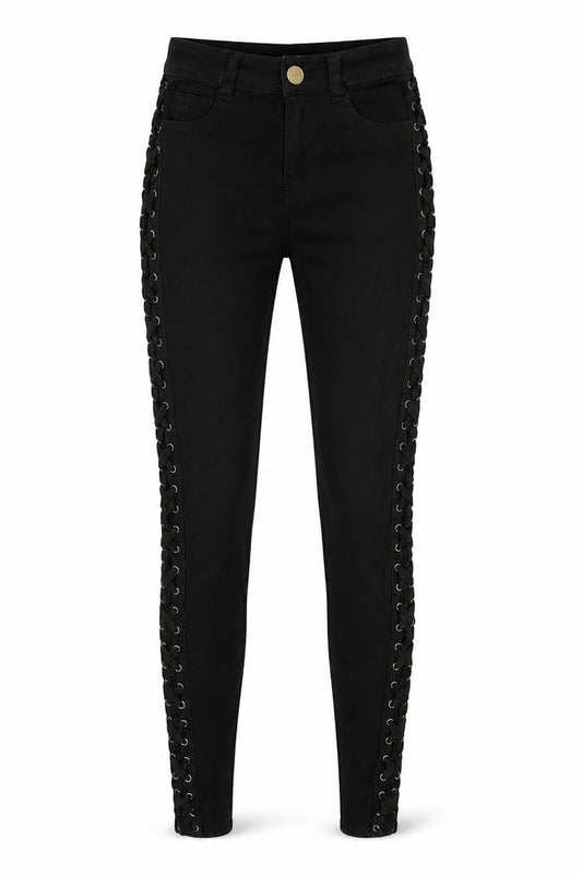 Front view of Girl Vivi girls’ black damask skinny jeans, size XS