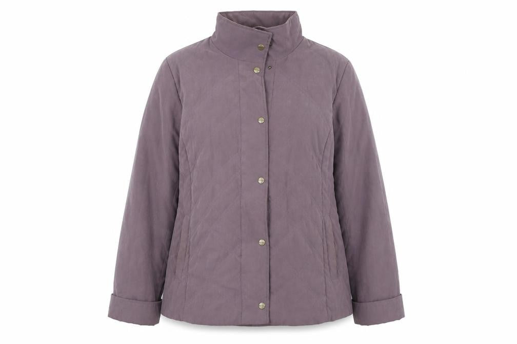 Front view of Elegance women’s purple jacket coat, size UK 16