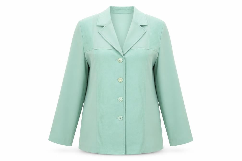 Front view of Frank Walder women’s green jacket coat, size UK 40