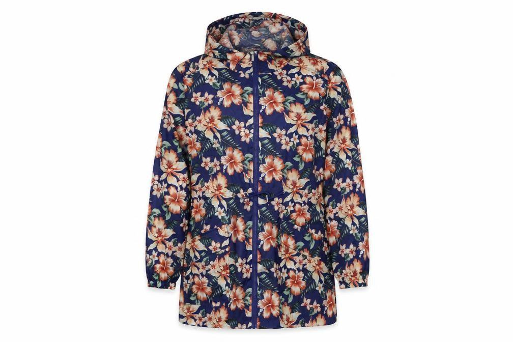 Front view of Intuition women’s blue floral biker coat, size M