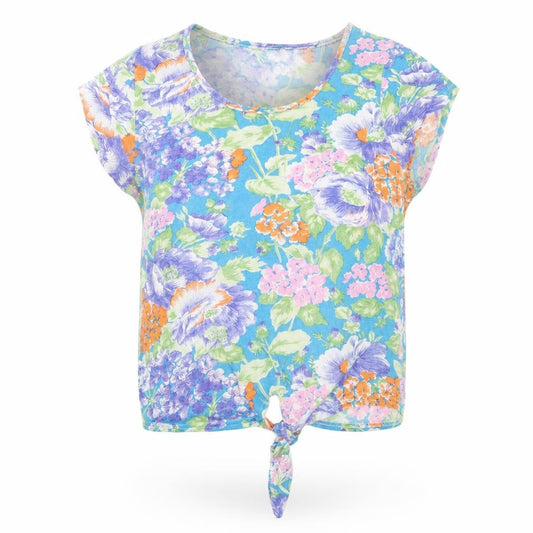 Front view of E Vie women’s multicoloured floral wrap blouse, size UK 10