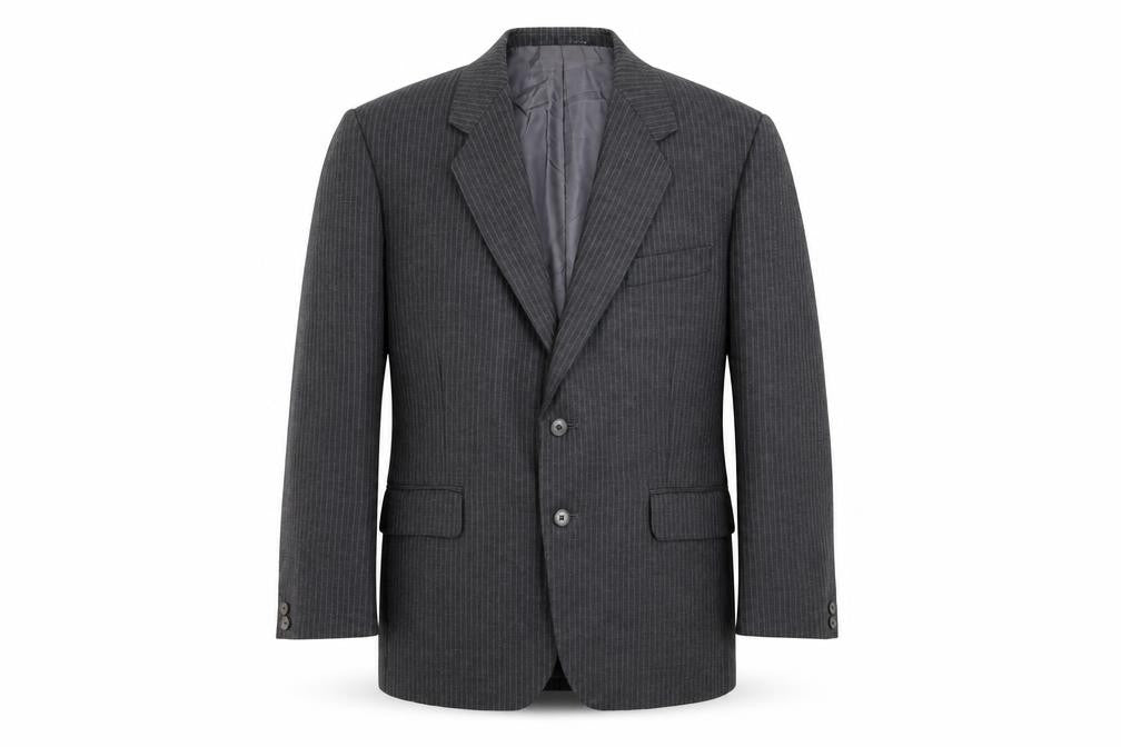 Front view of joe hind men’s grey striped jacket blazer, size 36