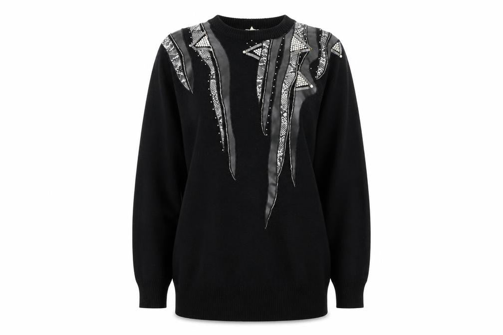 Front view of sanco women’s black geometric jumper, size M