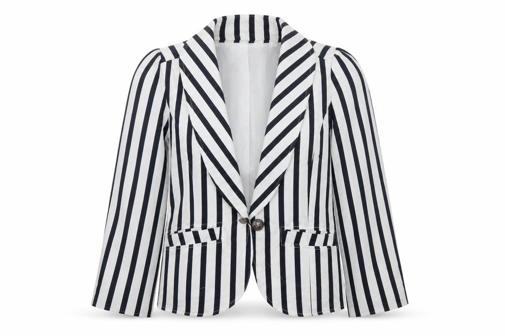 Front view of Zuppe women’s blue striped jacket blazer, size UK 12