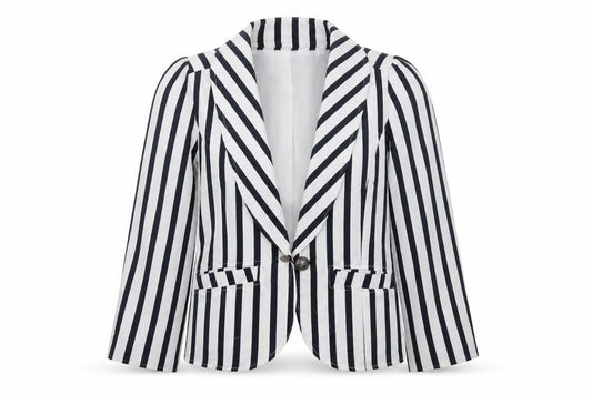 Front view of Zuppe women’s blue striped jacket blazer, size UK 12