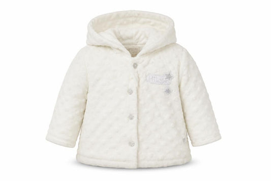 Front view of Zip Zap girls’ ivory polka dot cardigan jumper, size 0-3, months - hooded