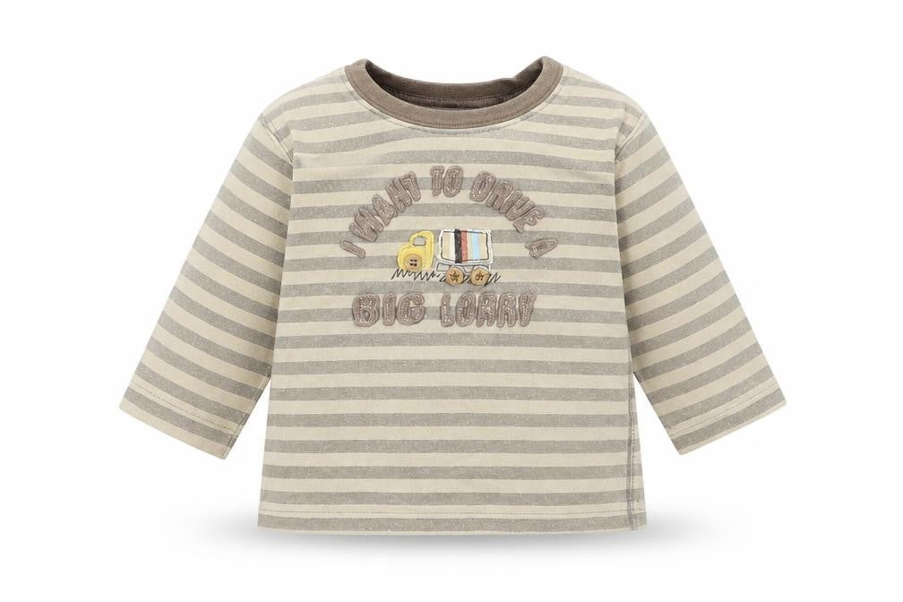 Front view of Next boys’ beige striped basic t-shirt, size 3-6, months - lorry
