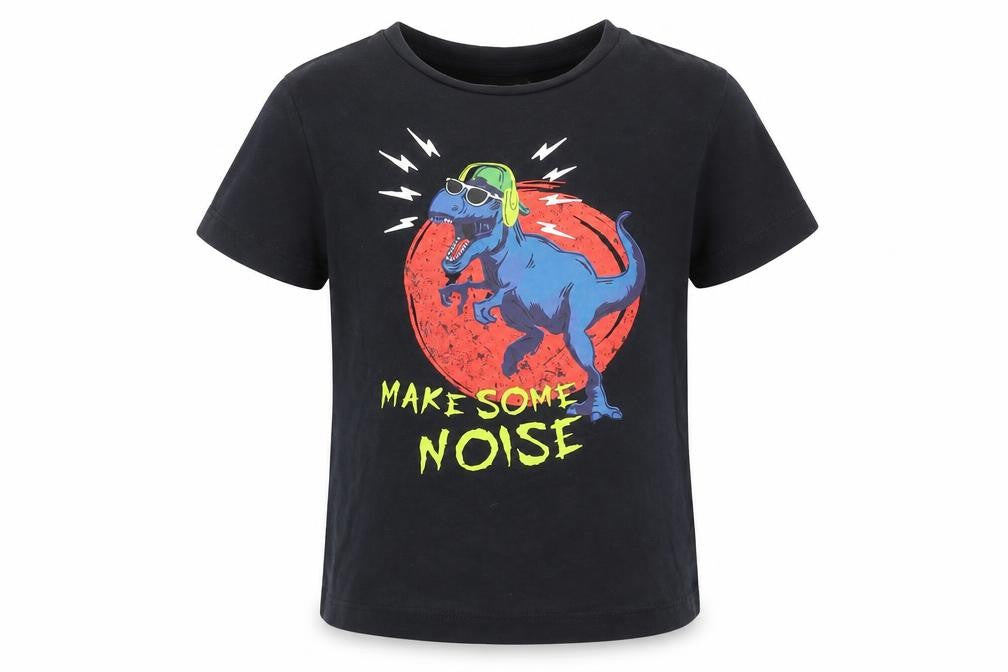 Front view of Jeff & Co boys’ black basic t-shirt, size 4-5, years - dinosaur