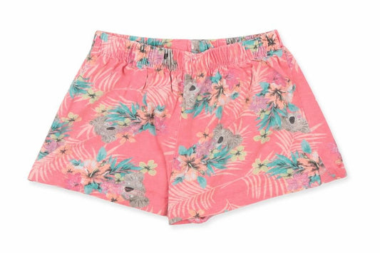 Front view of Primark girls’ pink floral cut-off shorts, size 3-4, years - tropical