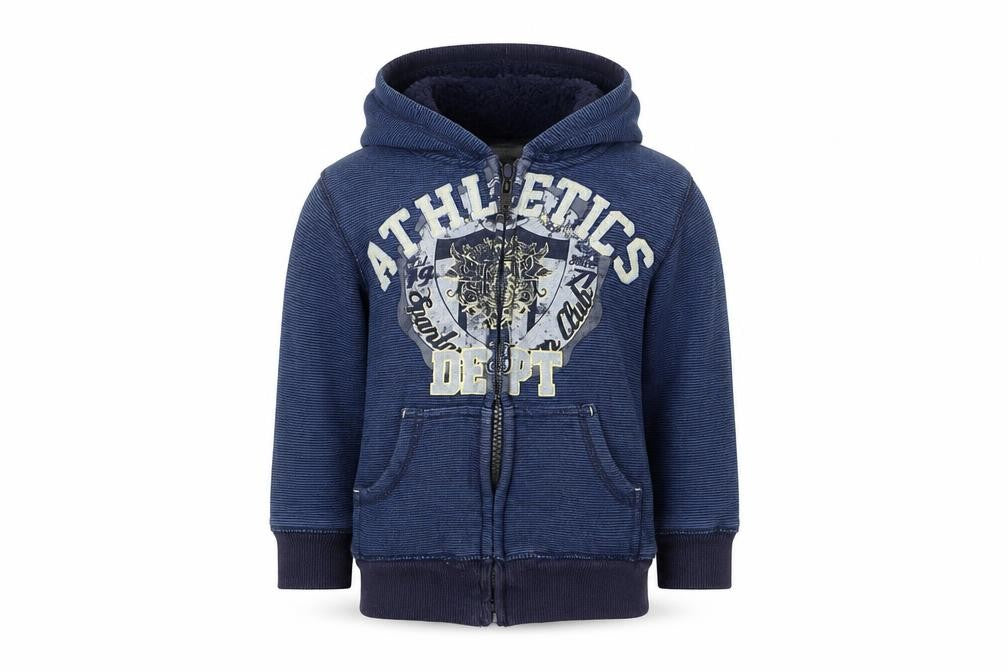 Front view of Pumpkin Patch boys’ blue striped full zip hoodie, size 3, years