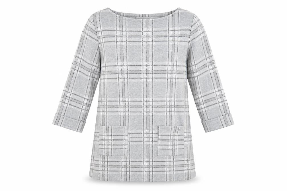 Front view of Primark women’s grey check jumper, size UK 14