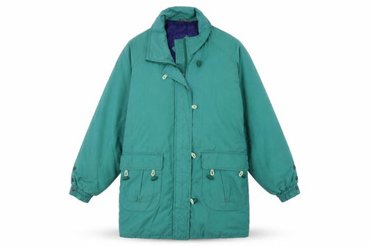 Front view of Preworn women’s green overcoat coat, size UK 12