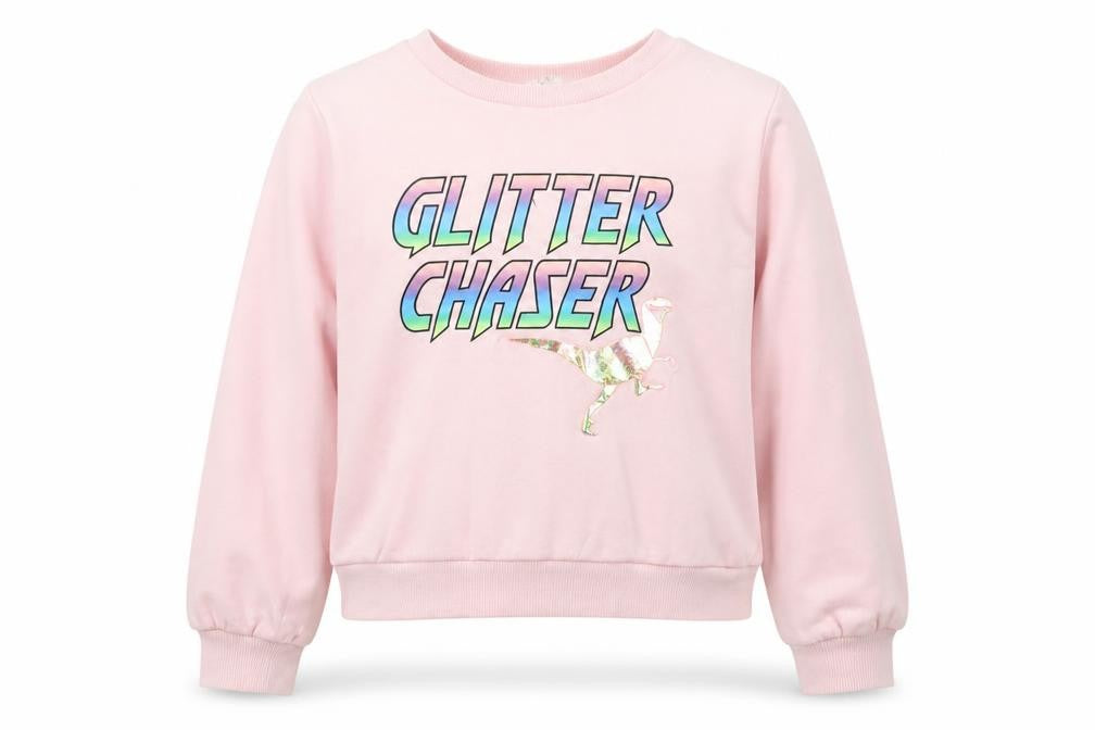 Front view of H&M girls’ pink pullover sweatshirt, size 11-12, years - glitter chaser dinosaur