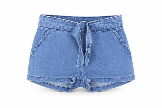 Front view of Mini Club girls’ blue denim cropped trousers, size 12-18, months