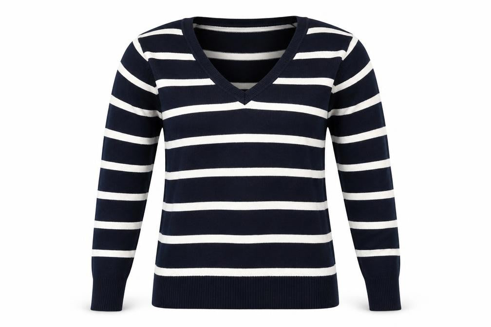 Front view of Atmosphere women’s blue striped jumper, size UK 10