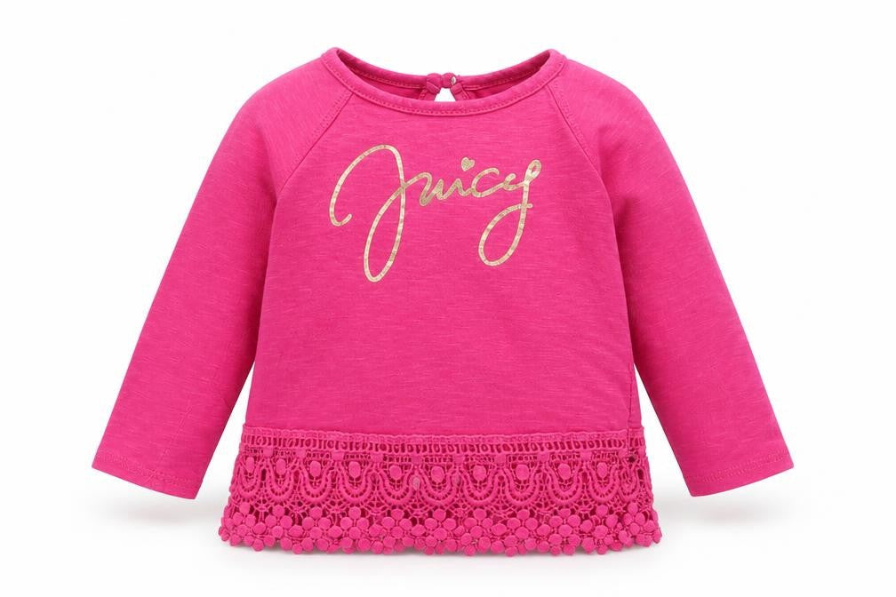 Front view of Juicy Couture Baby Pink Basic T-Shirt, size 6-9, Months