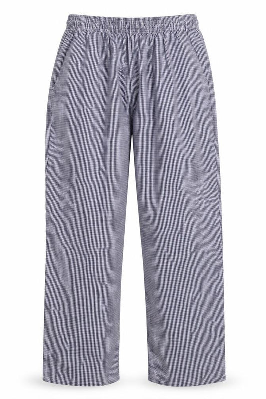 Front view of Dover seaways men’s blue check trousers, size L, 31-inch leg - chefswear