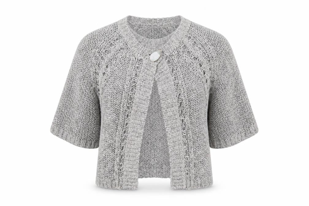 Front view of Moda women’s grey knit cardigan jumper, size UK 10