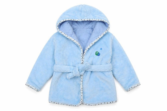 Front view of Early Days boys’ blue colourblock microfibre cami robe, size 6-9, months
