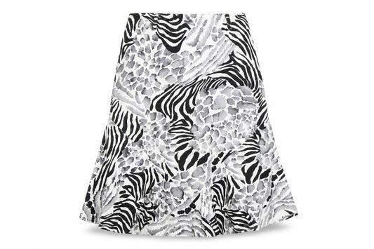 Front view of Saloos women’s white animal print swing skirt, size UK 30, in