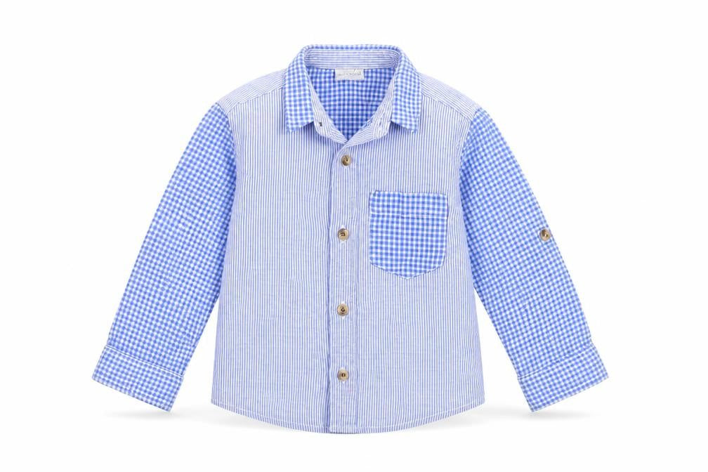 Front view of Mini Club Baby Blue Striped Basic Button-Up, size 18-24, Months