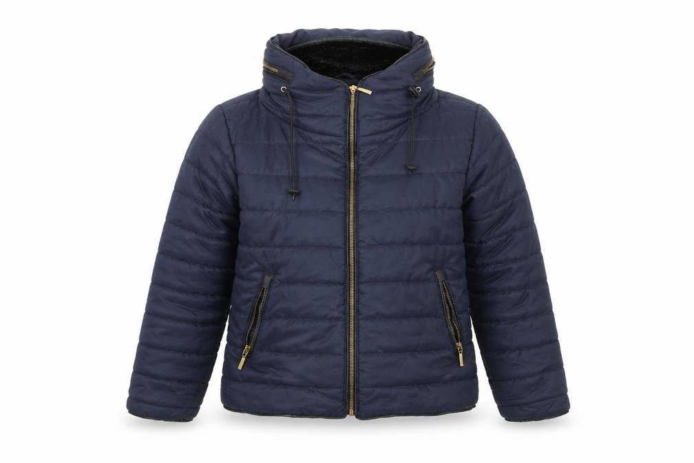 Front view of denim state women’s blue puffer jacket coat, size S