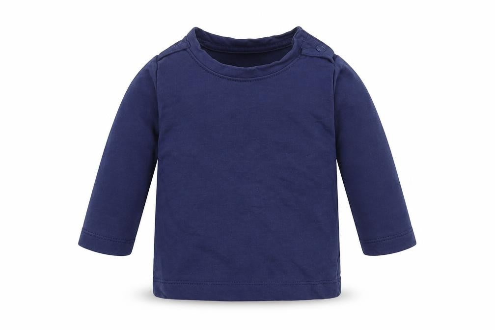 Front view of mee mee boys’ blue basic t-shirt, size 9-12, months