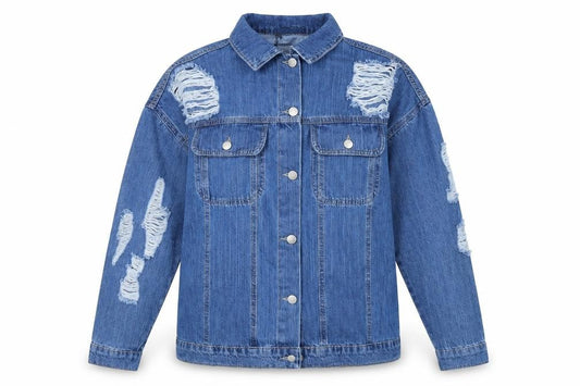 Front view of Boohoo women’s blue denim jacket, size UK 6