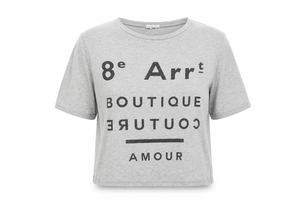 Front view of River Island women’s grey basic t-shirt, size UK 8, - cropped