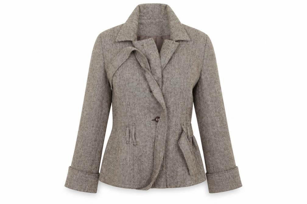Front view of MIA women’s beige jacket, size UK 16