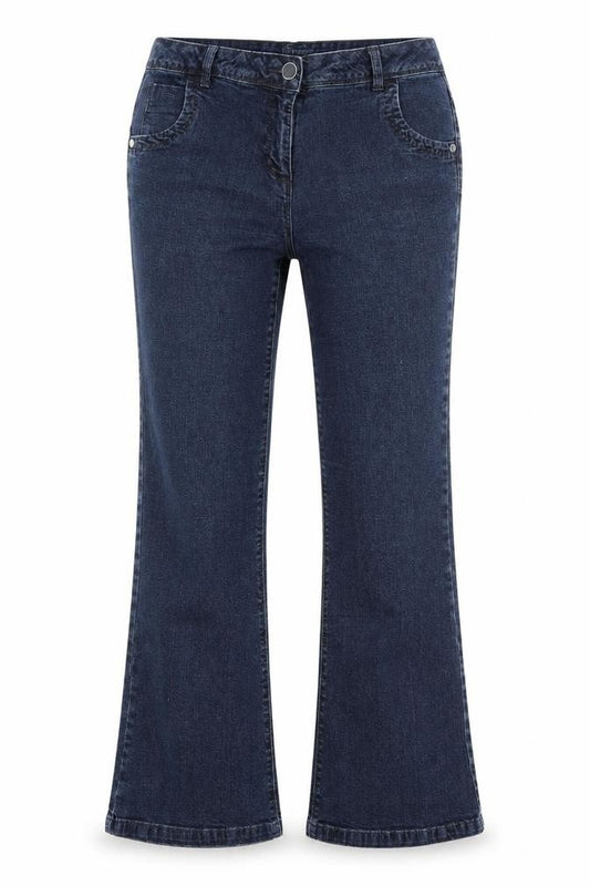 Front view of women’s blue bootcut jeans, size UK 32, 27-inch leg - v