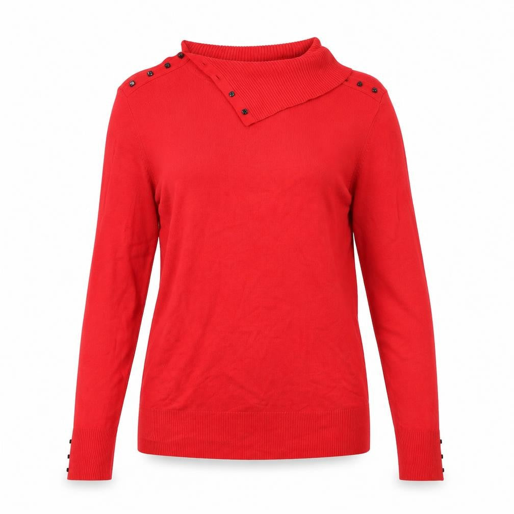 Front view of Lakeland women’s red jumper, size UK 18