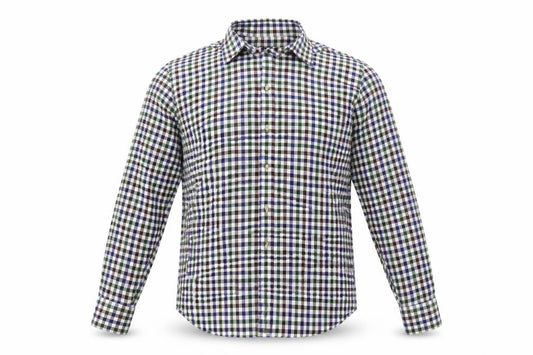 Front view of County men’s multicoloured check flannel button-up, size M