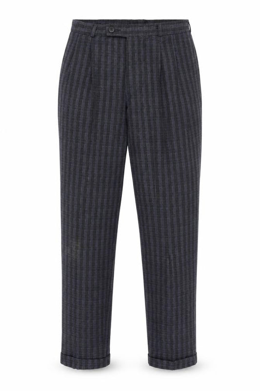 Front view of Steel men’s blue plaid chino trousers one, size, 28-inch leg
