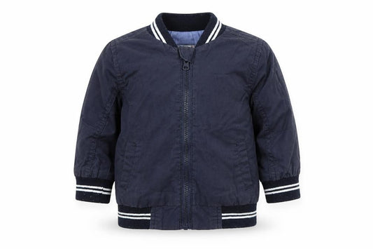 Front view of Early Days boys’ blue bomber jacket jacket, size 3-6, months