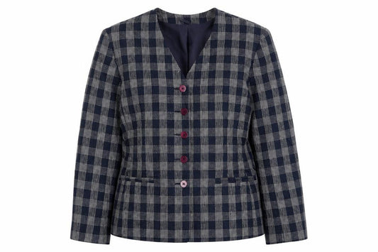 Front view of Debenhams women’s blue check jacket blazer, size UK 14