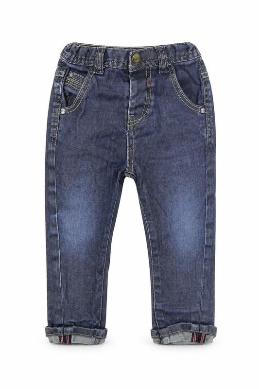 Front view of junior j 1996 Baby Blue Colourblock Cargo Jeans, size 18-24, Months