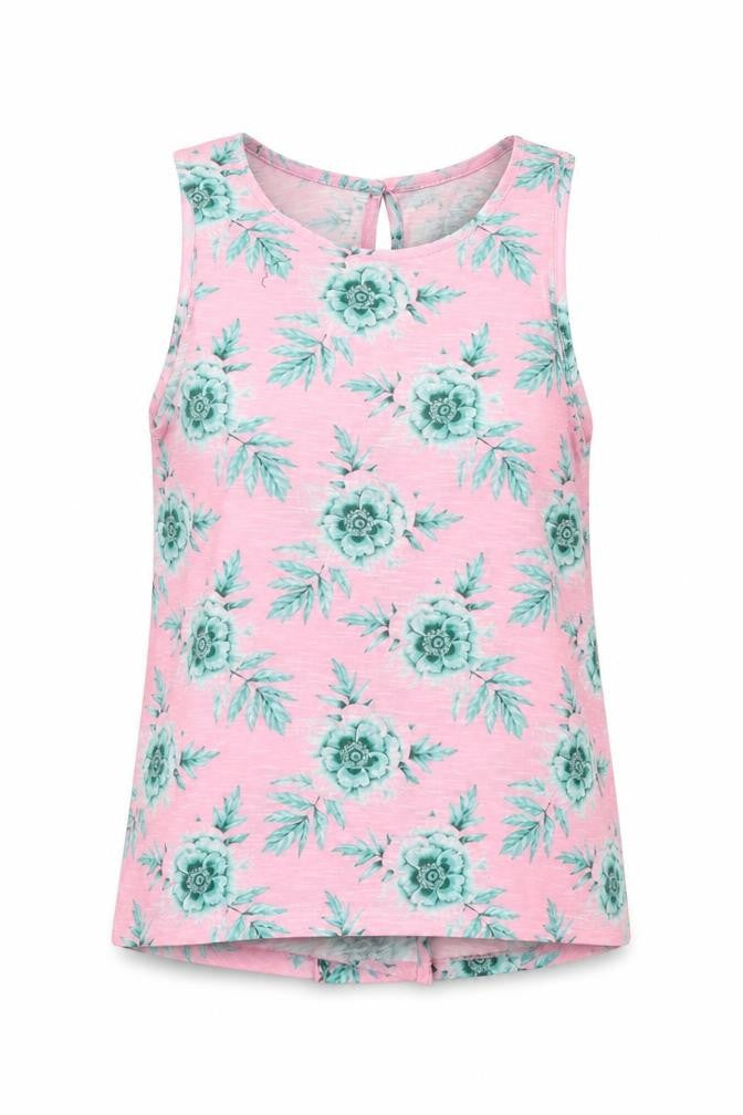 Front view of Primark women’s pink floral basic t-shirt, size UK 6, - open back
