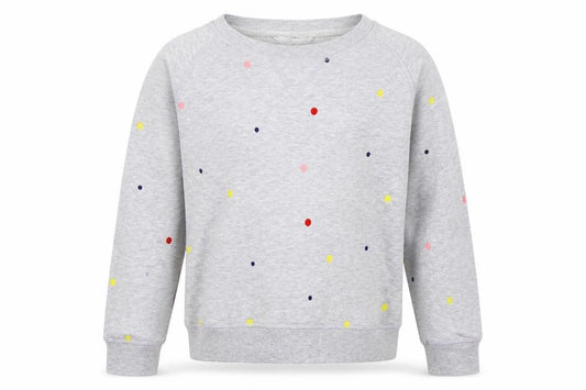 Front view of cotton trade girls’ grey spotted jumper, size 14, years