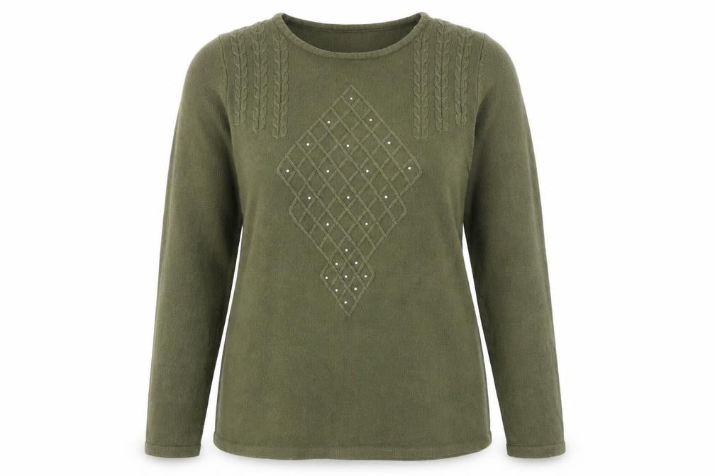 Front view of Anna Rose women’s green argyle/diamond jumper, size L