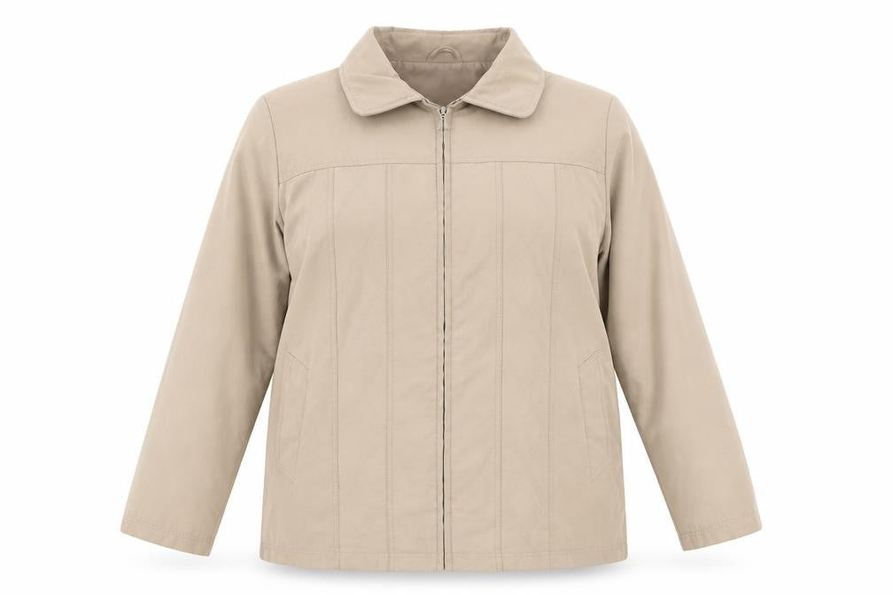 Front view of wishwood women’s beige jacket, size UK 18