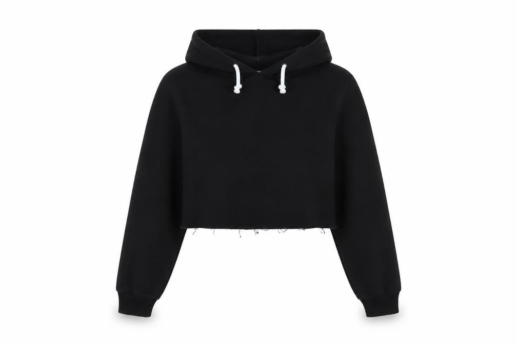 Front view of Candy Couture girls’ black pullover hoodie, size 10, years - cropped, distressed hem