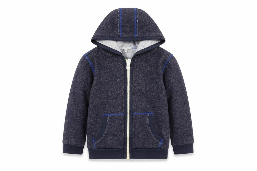 Front view of Indigo Collection boys’ blue full zip hoodie, size 6-7, years