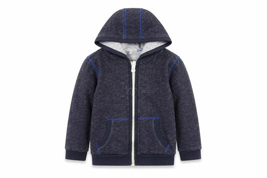 Front view of Indigo Collection boys’ blue full zip hoodie, size 6-7, years
