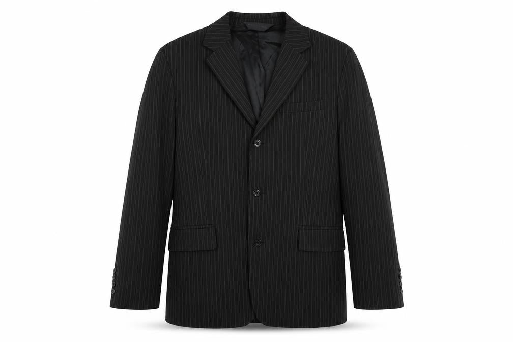 Front view of Full Circle men’s black striped jacket blazer, size L