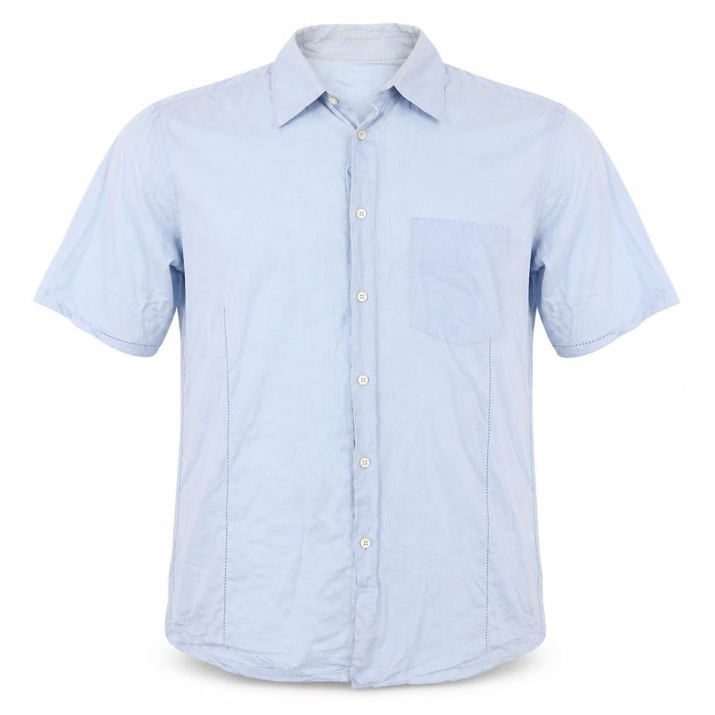 Front view of Preworn men’s blue button-up, size S