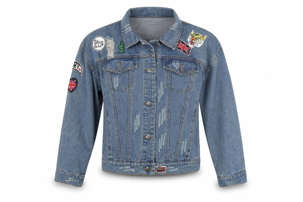 Front view of Eight women’s blue denim kimono jacket, size S