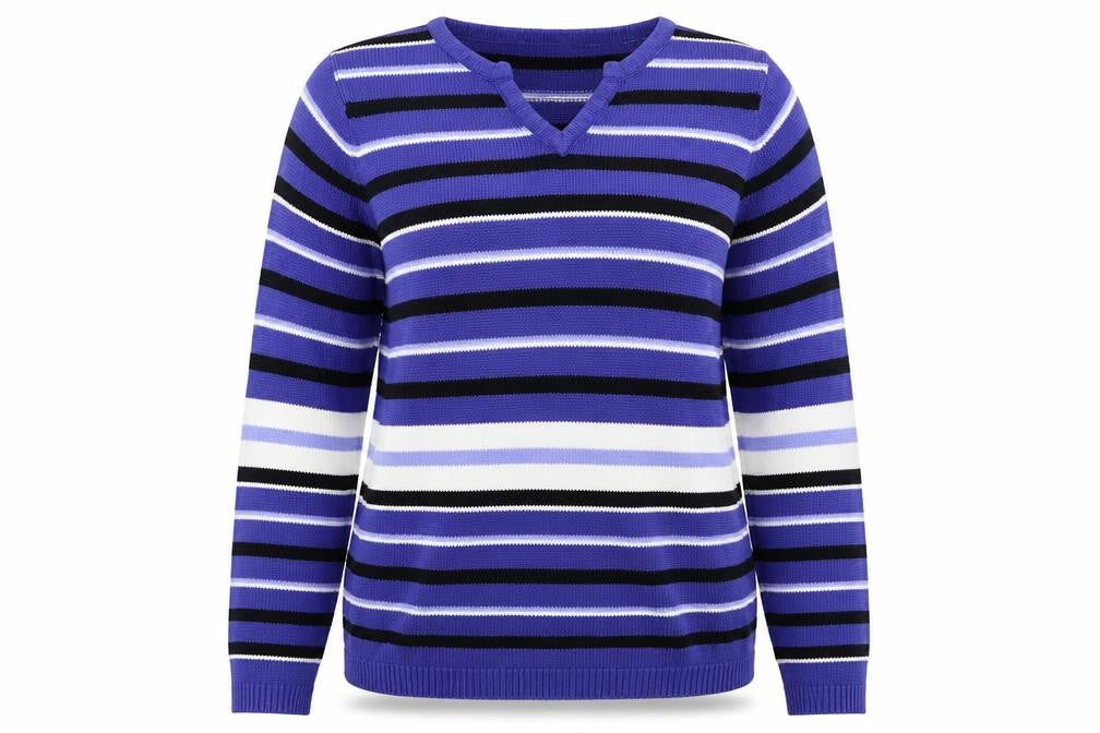 Front view of EWM women’s blue striped jumper, size S